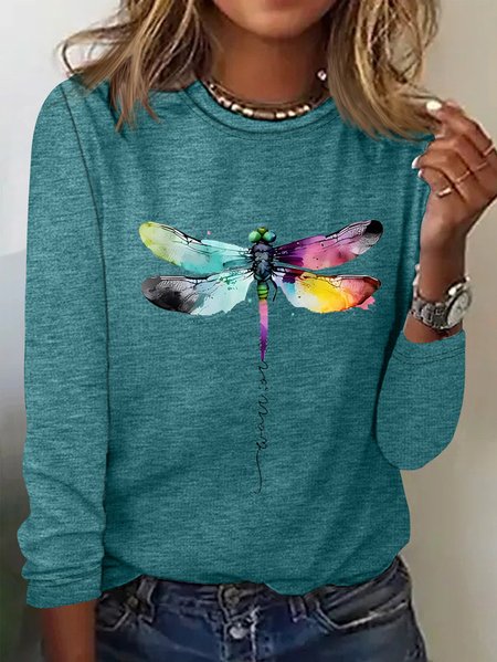 

Women's Long Sleeve Tee T-shirt Spring/Fall Dragonfly Cotton Crew Neck Daily Going Out Casual Top Blue, Green, Long sleeve tops