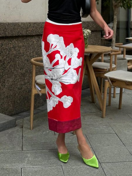 

Elegant Regular Fit Floral Midi Skirt, Red, Skirts
