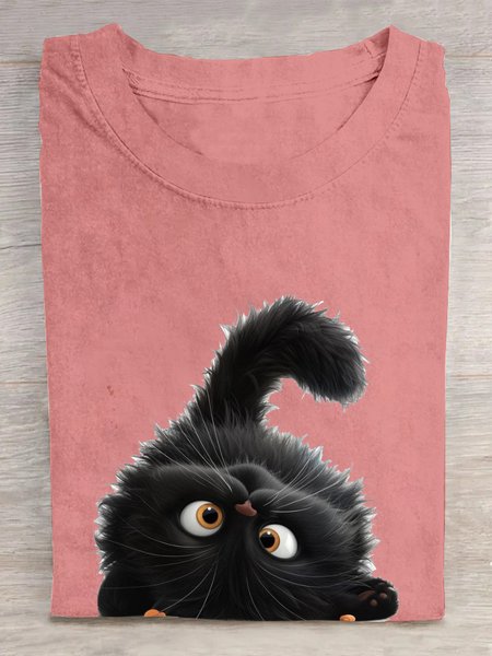

Cat Cotton Loose Casual T-Shirt, Orange pink, T-shirts