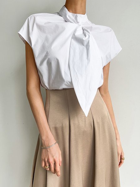 Stand Collar Elegant Knot Front Plain Blouse, White, Blouses and Shirts