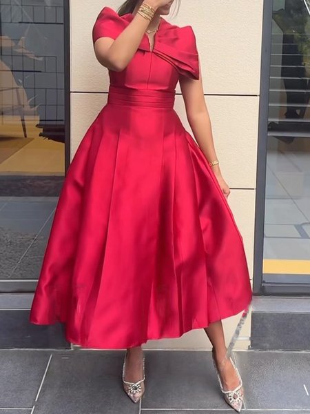 Elegant V Neck Plain Regular Fit Dress, Red, Maxi Dresses