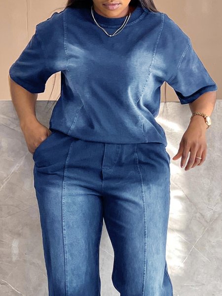 

Short Sleeve Casual Loose Denim Top, Blue, Tops