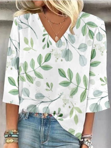 

Loose Casual Plants Shirt, White, Blouses & Shirts