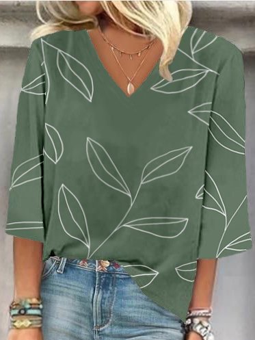 

Casual V Neck Leaf Shirt, Green, Blouses & Shirts