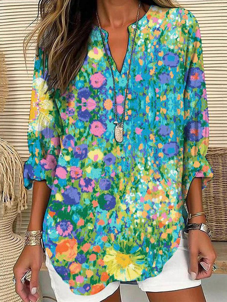 

Notched Long Sleeve Floral Regular Loose Blouse For Women, Multicolor, Blouses