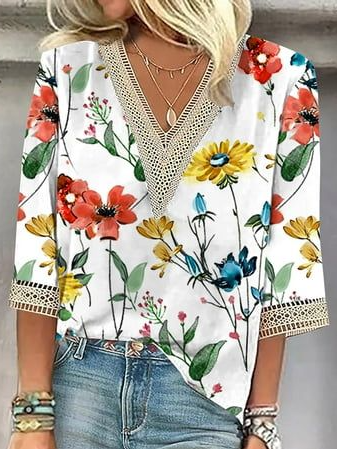 

Notched Half Sleeve Floral Regular Loose Blouse For Women, Multicolor, Blouses