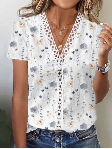 

Casual Floral V Neck Short Sleeve T-shirt, White, T-shirts