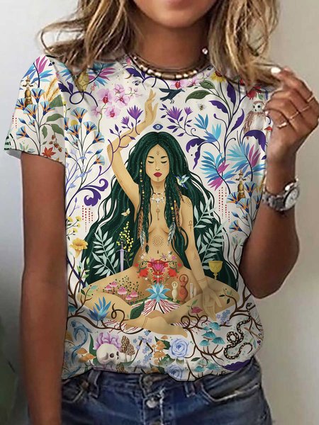 

Casual Floral Crew Neck Short Sleeve T-shirt, Multicolor, T-shirts