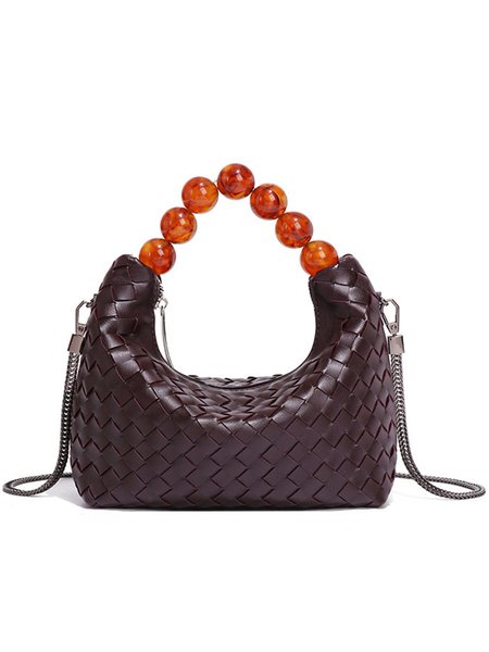 

Elegant Beaded Weave Handbag with Metal Crossbody Strap, Burgundy, Bags