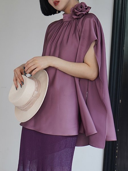 

Elegant Stand Collar Plain Blouse With Brooch, Purple, Blouses and Shirts