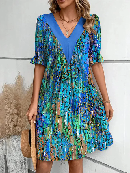 

Women Floral V Neck Half Sleeve Comfy Casual Mini Dress, Blue, Dresses