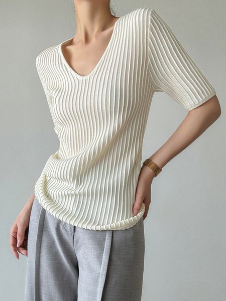 

V Neck Loose Plain Short Sleeve Casual T-Shirt, Off white, Tees
