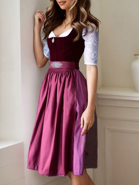 

Elegant Velvet Polka Dots Dirndl Dress Three Piece, Red, Midi Dresses