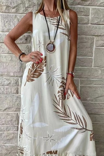 

Crew Neck Loose Casual Tropical Dress With No, As picture, Maxi Dresses