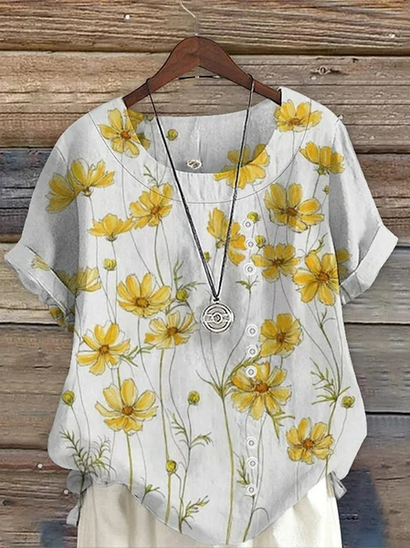 

Loose Floral Casual Crew Neck Shirt, White, Blouses & Shirts