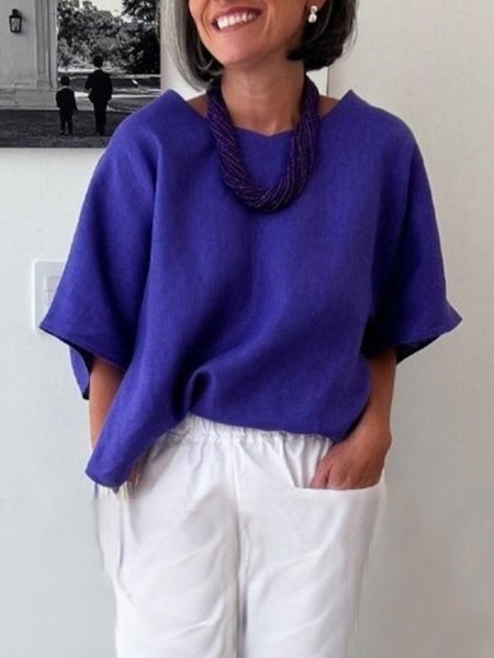 

Casual Loose Plain Crew Neck Blouse, Purple, Blouses and Shirts