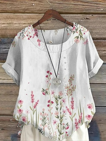 

Crew Neck Loose Floral Vacation Shirt, White, Blouses & Shirts