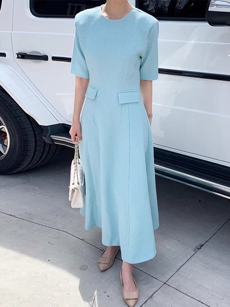 

Crew Neck Plain Elegant Short Sleeve Dress, Blue, Maxi Dresses