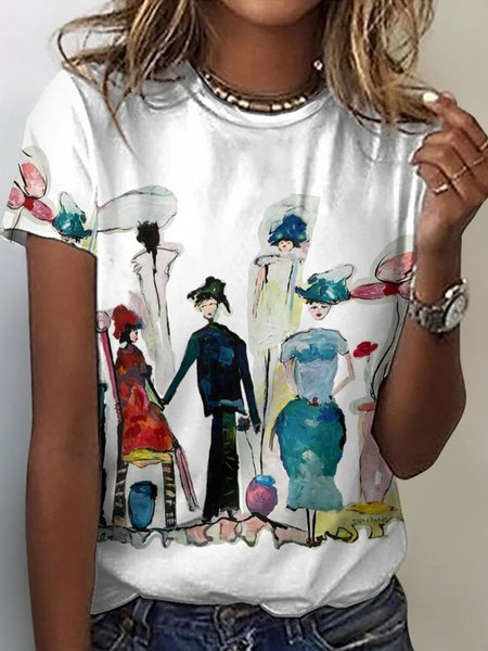 

Casual Cartoon Crew Neck Short Sleeve T-shirt, White, T-shirts