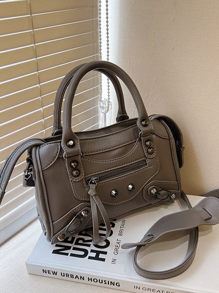 

Fashionable Motorcycle Baguette Bag Rivet Crossbody Bag, Taupe, Bags