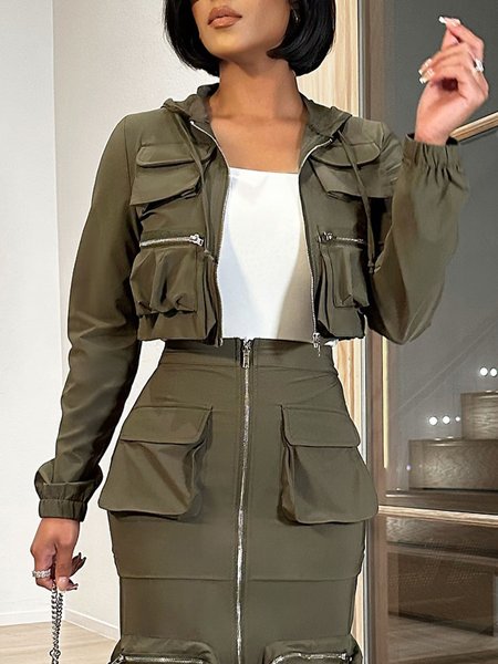 Casual Long Sleeve Plain Loose Jacket, Camouflage green, Jackets