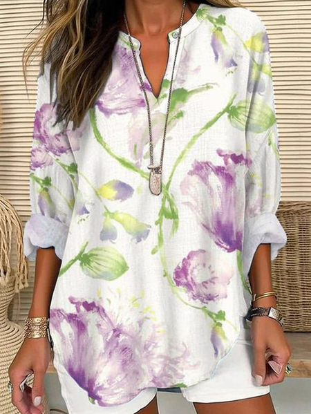 

Notched Long Sleeve Floral Regular Loose Blouse For Women, Multicolor, Blouses