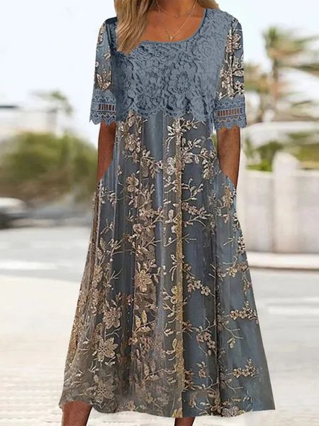 

Women Floral Crew Neck Short Sleeve Comfy Casual Lace Midi Dress, Blue, Dresses