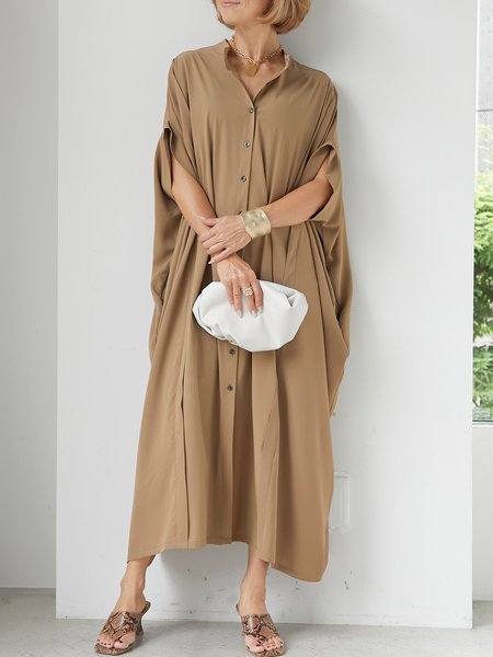 

Elegant Pockets Stand Collar Loose Short Sleeve Dress, Light khaki, Maxi Dresses