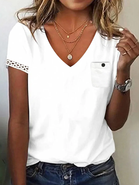 

Casual Plain V Neck Short Sleeve T-shirt, White, T-shirts