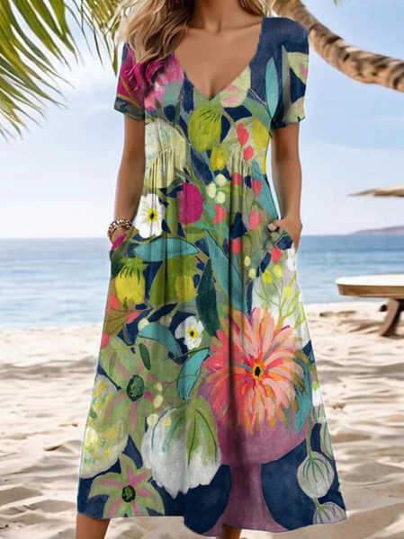 

Women Floral V Neck Short Sleeve Comfy Casual Maxi Dress, Multicolor, Dresses