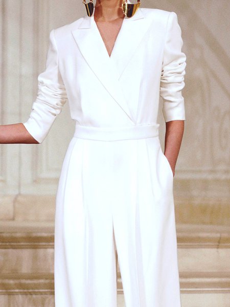 

Elegant Plain Lapel Collar Long Sleeve Shirt, White, Blouses and Shirts