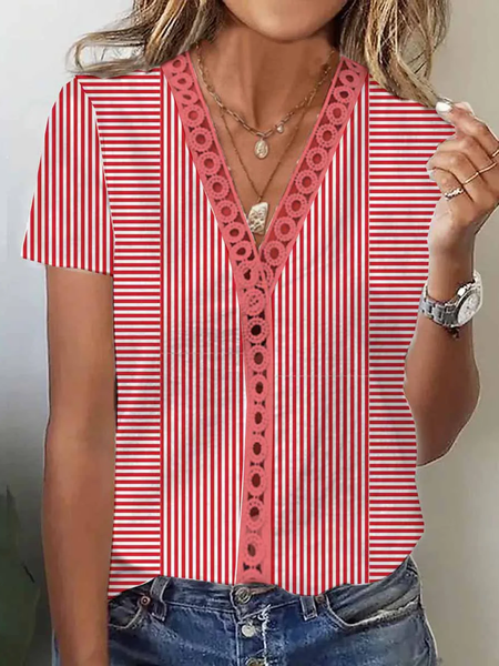 Casual Striped V Neck Short Sleeve T-shirt, Red, T-shirts