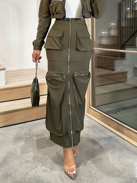 Plain Pocket Stitching Regular Fit Casual Skirt, Camouflage green, Skirts