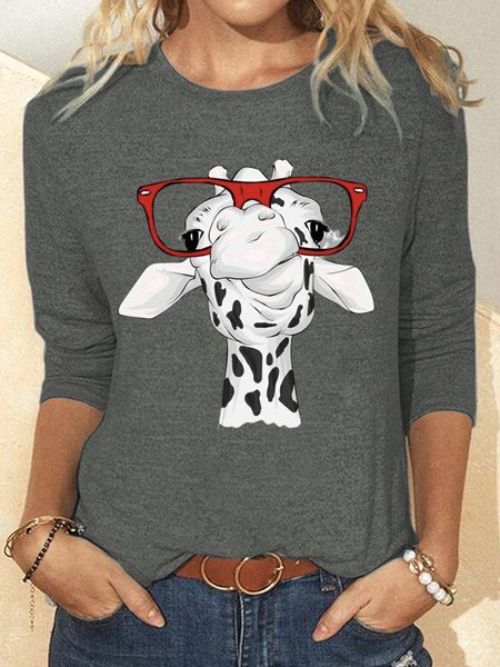 

Casual Loose Cotton-Blend Deer T-Shirt, Gray, Long sleeves