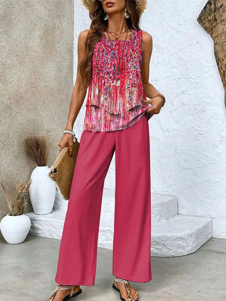 

Women Abstract Square Neck Sleeveless Comfy Casual Top With Pants Two-Piece Set, Red, Sets