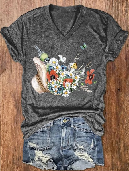 

Casual Floral V Neck Short Sleeve T-shirt, Gray, T-shirts