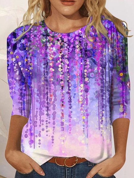 

Casual Floral Crew Neck Long Sleeve T-shirt, Purple, T-shirts