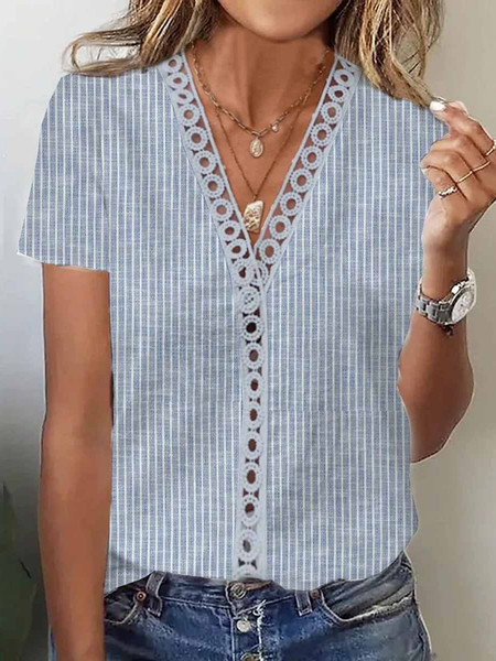 

Casual Striped V Neck Short Sleeve T-shirt, Blue, T-shirts