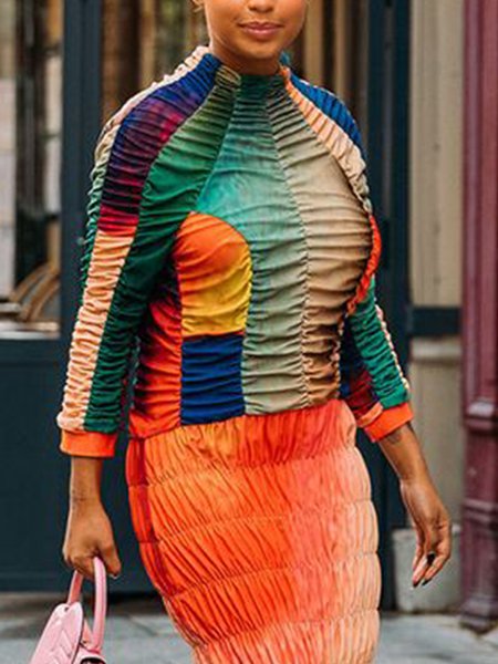 

Urban Raglan Sleeve Random Print Mock Neck Blouse, As picture, Blouses and Shirts