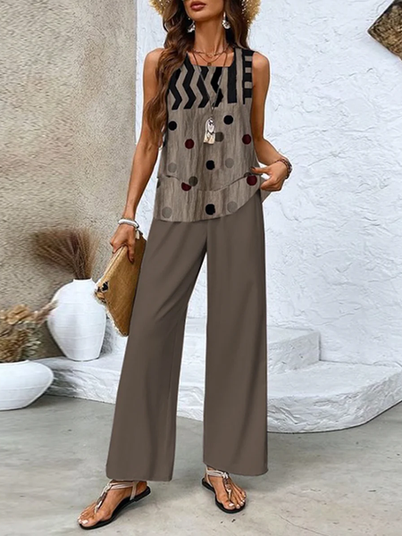 

Women Polka Dots Square Neck Sleeveless Comfy Casual Top With Pants Two-Piece Set, Coffee, Sets