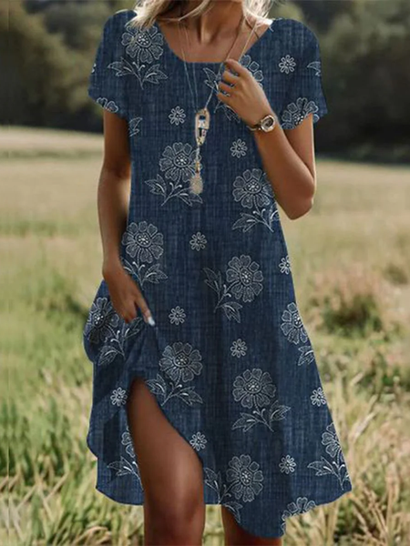 

Women Floral Crew Neck Short Sleeve Comfy Casual Mini Dress, Dark blue, Dresses