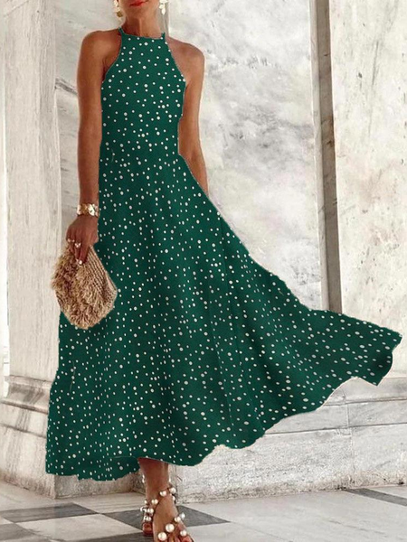 

Women Polka Dots Spaghetti Sleeveless Comfy Casual Maxi Dress, Green, Dresses