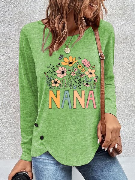 

Women's Long Sleeve Tee T-shirt Spring/Fall Floral Irregular Craftsmanship Cotton-Blend Crew Neck Daily Going Out Casual Top, Green, T-Shirts