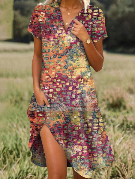 

Women Abstract Shawl Collar Short Sleeve Comfy Casual Mini Dress, Multicolor, Midi