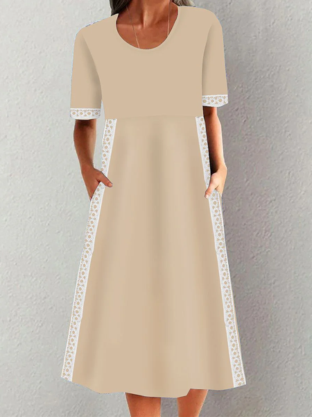

Women Plain Crew Neck Short Sleeve Comfy Casual Lace Midi Dress, Khaki, Dresses