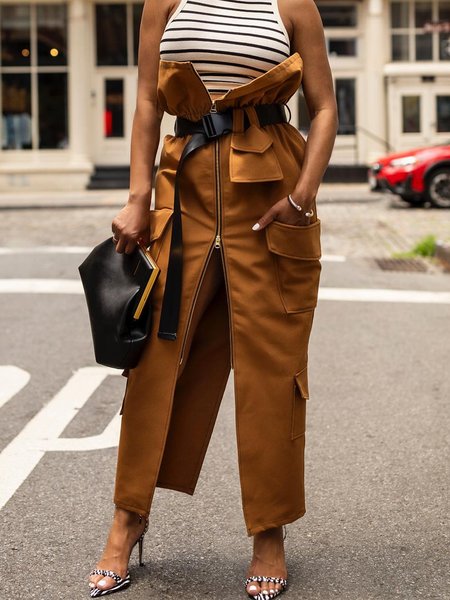 

Pocket Stitching Urban Plain Regular Fit Midi Skirt With Belt, Caramel, Skirts