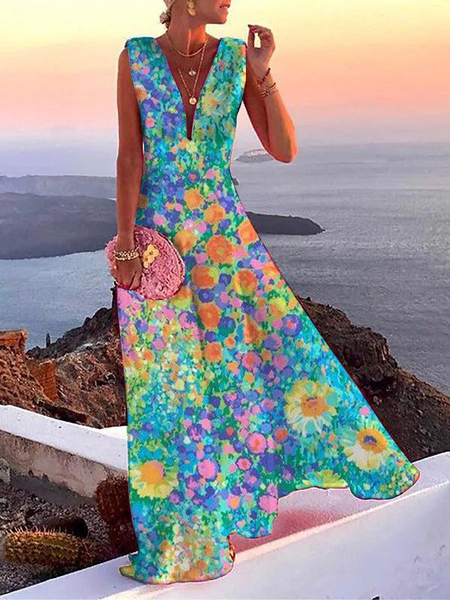 

Women Floral V Neck Sleeveless Comfy Casual Maxi Dress, Multicolor, Dresses