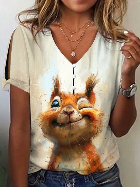 

Casual Animal V Neck Short Sleeve T-shirt, Brown, T-shirts