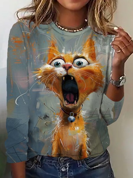 Casual Animal Crew Neck Long Sleeve T-shirt, Blue, T-shirts