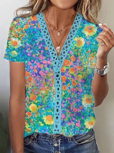 

Casual Floral V Neck Short Sleeve T-shirt, Multicolor, T-shirts